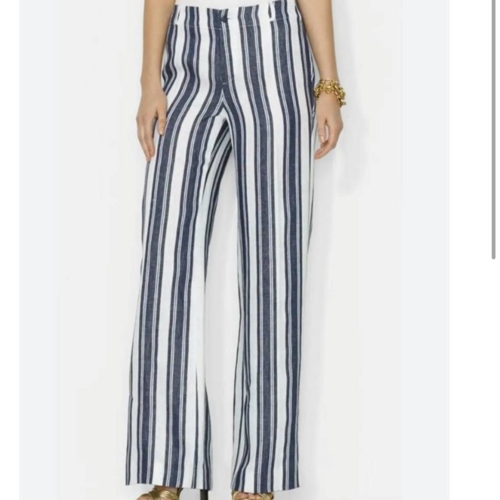 LAUREN RALPH LAUREN WIDE LEG BLUE NAVY OFF WHITE STRIPE LINEN CLASSIC TROUSERS